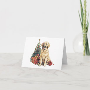 Carte Golden Retriever w sapin de Noël et cadeau BLANC