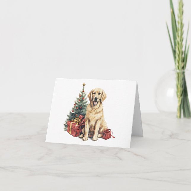 Carte Golden Retriever w sapin de Noël et cadeau BLANC (Devant)