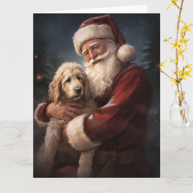 Carte Goldendoodle avec Noël Festif du Père Noël (Fleur jaune)