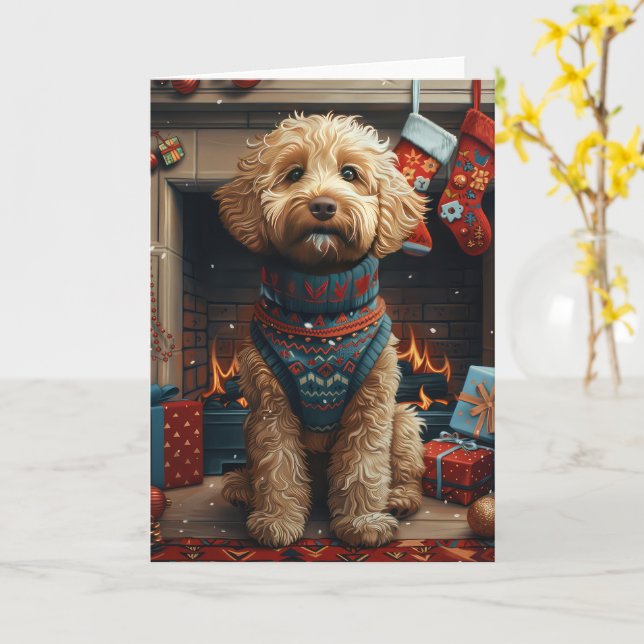 Carte Goldendoodle Chien Avec Cheminée Cadeaux De Noël (Fleur jaune)