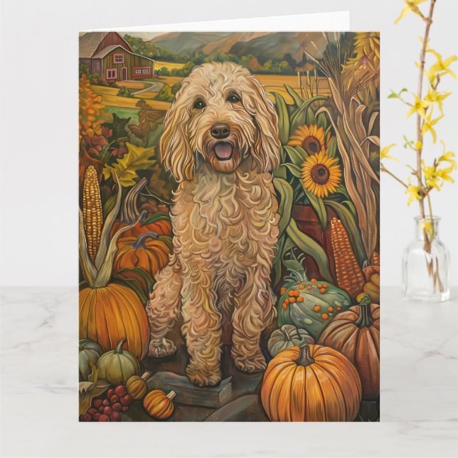 Carte Goldendoodle Chien Récolte d'Automne Action de Grâ (Fleur jaune)