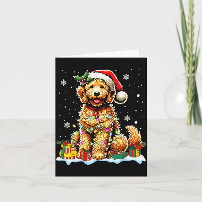 Carte Goldendoodle Christmas Santa Hat Fairy Lights Paja (Devant)