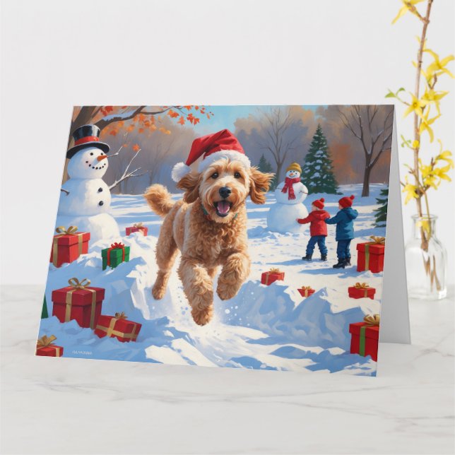 Carte Goldendoodle Courir en neige avec Casquette de Noë (Fleur jaune)