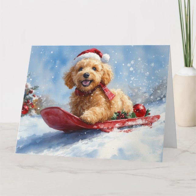 Carte Goldendoodle Dog in Sledge Let it neige Christmas (Devant)