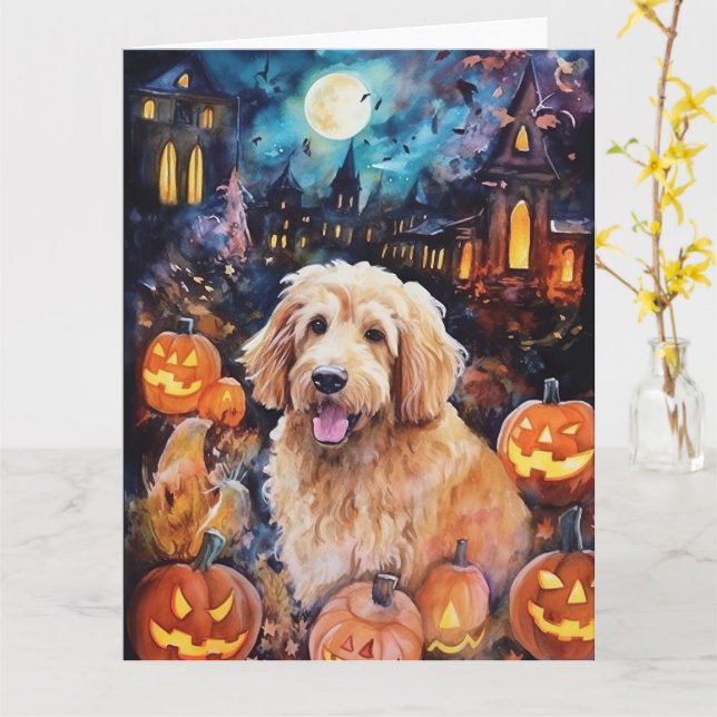 Carte Goldendoodle Halloween avec citrouilles effrayante (Fleur jaune)