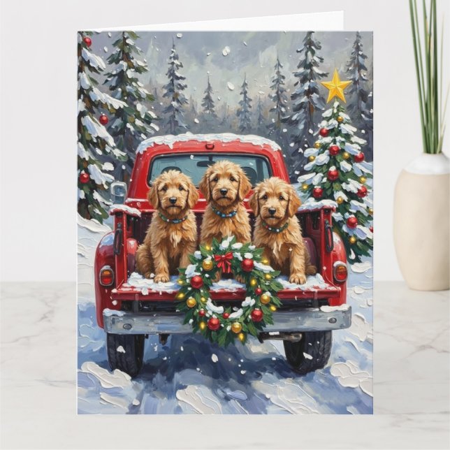 Carte Goldendoodle Noël Camion Rouge Fêtes (Devant)