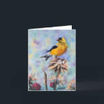 Carte Goldfinch Bird Art Toute l'Occasion<br><div class="desc">Un Goldfinch américain noir et or brillant perche sur une floraison de chardon, avec un ciel d'été chaud abstrait derrière lui. Il s'agit d'une reproduction d'une peinture à l'huile originale. Les couleurs comprennent l'or, le noir, l'orange et le blanc pour l'oiseau, et la lavande, le bleu, le jaune et le...</div>