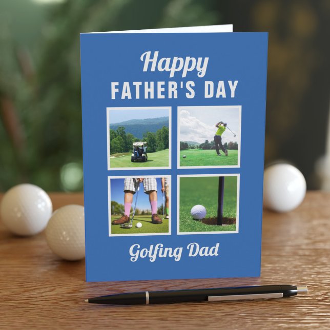 Carte Golf 4 Photo Collage Fête des pères Card pour golf (Upload 4 fave photos for your Golfing Dad's Father's Day Card and add a sweet message inside)