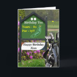 Carte Golf 80th Birthday Card - 'Birthday Tee'<br><div class="desc">Carte de 80e anniversaire sur le thème du Golf sur mesure. Envoyez les voeux d'anniversaire du Tee d'anniversaire, avec un panneau de golf qui peut être personnalisé, pendant des années et le nom. La photographie sportive d'un trou de golf et de son drapeau, le vert étant au loin derrière un...</div>