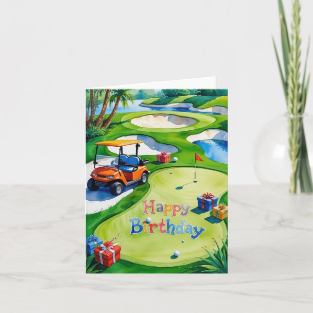 Carte Golf Anniversaire avec voiturette de golf (Devant)