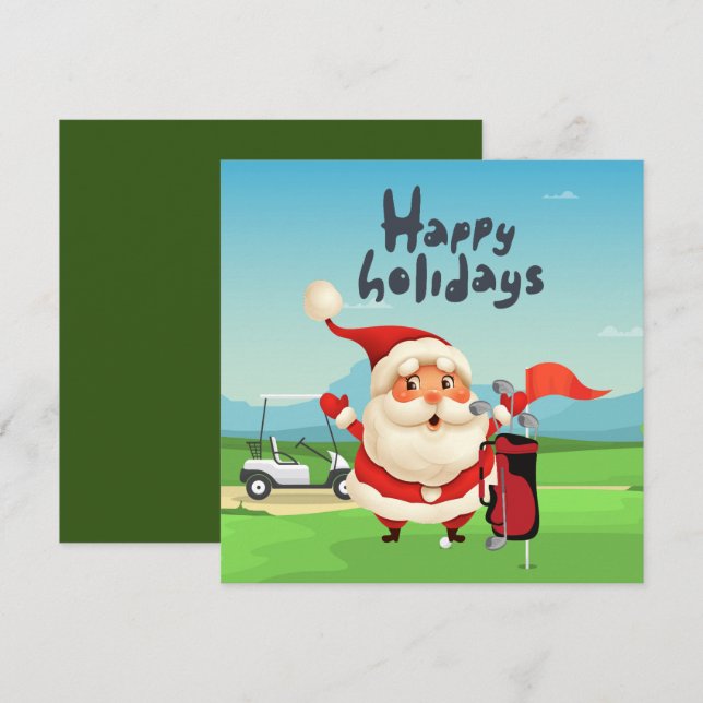 Carte Golf Joyeux Noël avec le Père Noël à drapeau (Devant / Derrière)