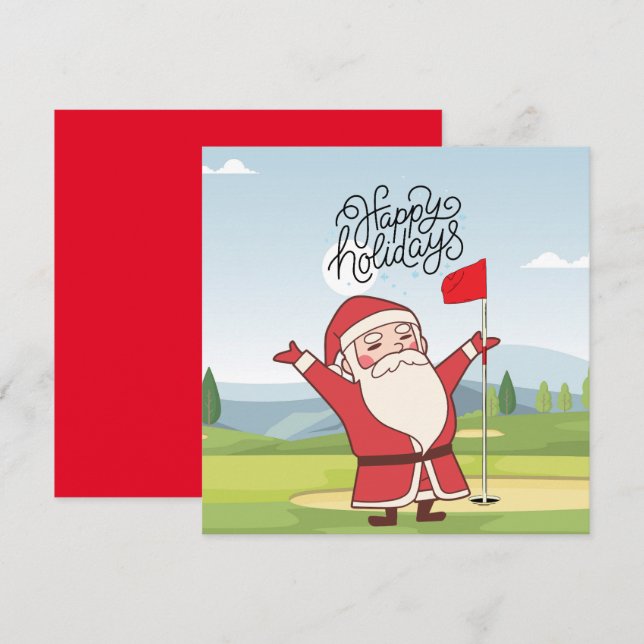 Carte Golf Joyeux Noël avec le Père Noël au drapeau (Devant / Derrière)