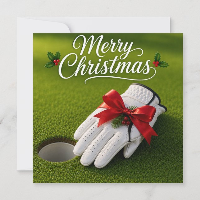 Carte Golf Noël avec gant de golf sur vert  (Devant)