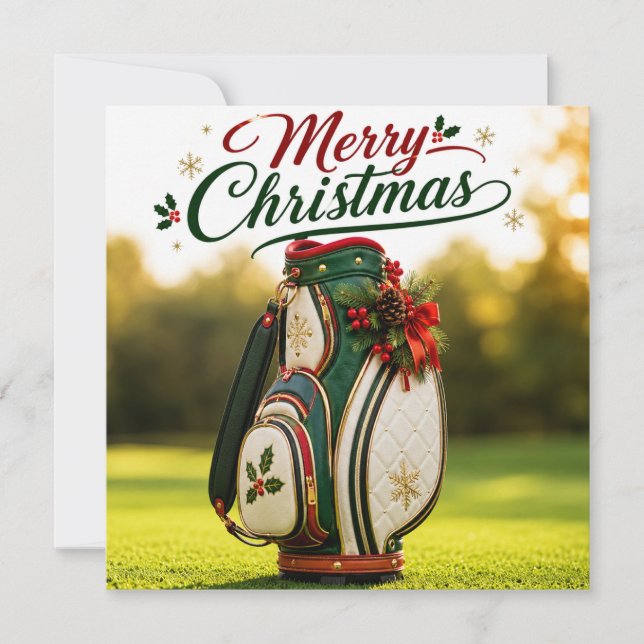 Carte Golf Noël avec sac de Noël sur gazon vert  (Devant)