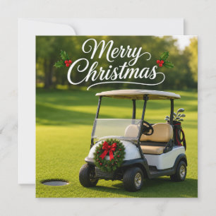Carte Golf Noël avec voiturette de golf sur gazon vert