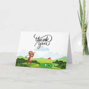 Carte Golf Sloth dire merci sur l'herbe verte