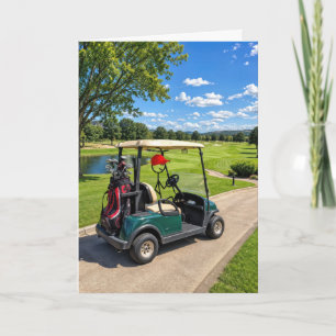 Carte Golfeur bonhomme allumette dans un chariot de golf