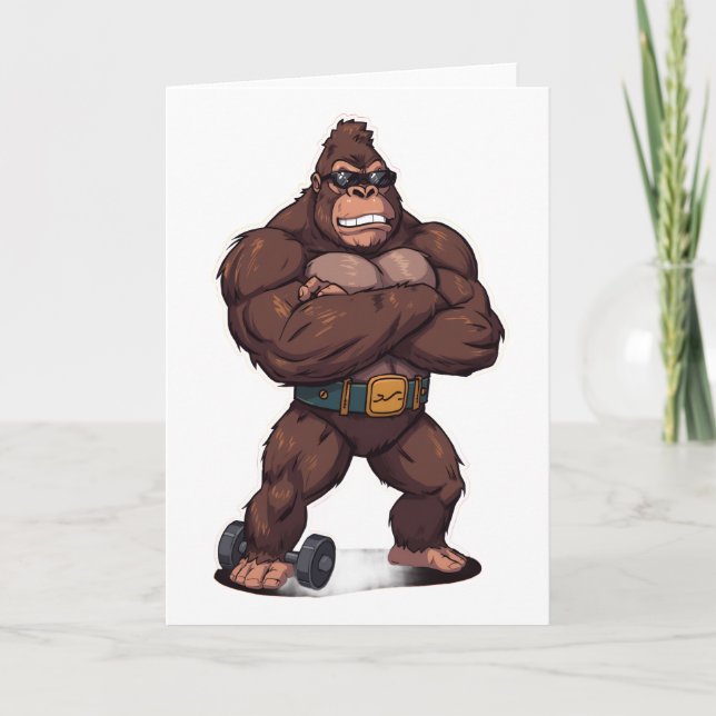 Carte Gorilla Bodybuilder Weight Lifter Pop Art Cartoon (Devant)