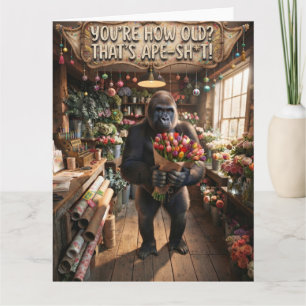 Carte Gorille tenant un bouquet de tulipes avec un texte