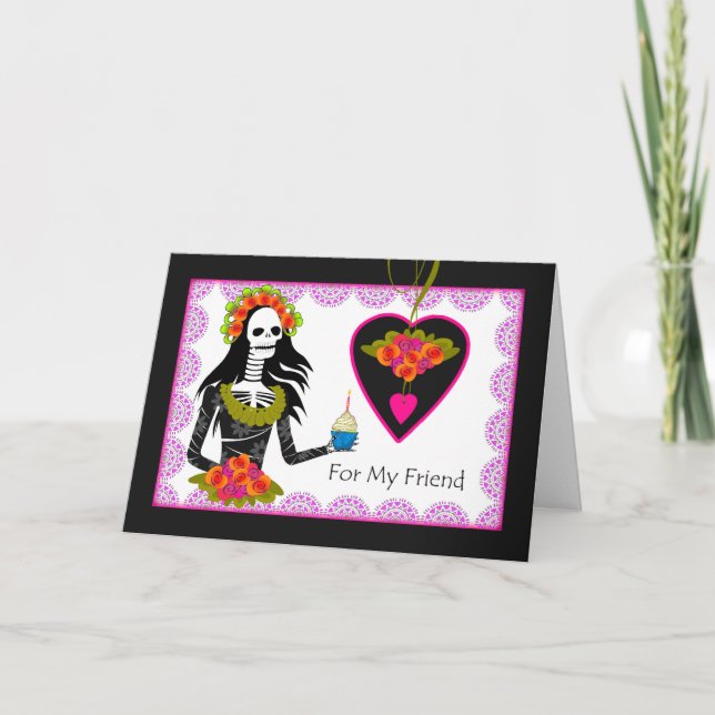 Carte Goth Birthday pour Ami, Lady Skeleton, Cupcake (Devant)