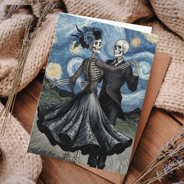 Carte Gothic Elegant Skeletons Dance Moonlight Van Gogh (Créateur téléchargé)