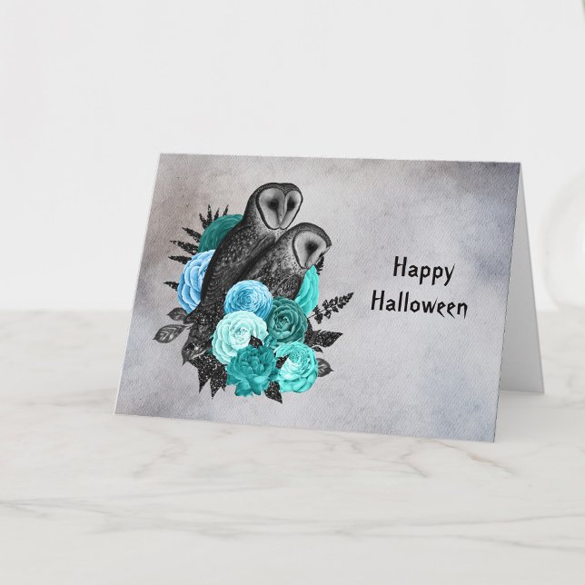 Carte Gothique floral sarcelle hiboux Halloween (Créateur téléchargé)
