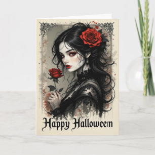 Carte Gothique Rouge Rose Vampire Femme Halloween Élégan