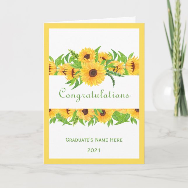 Carte Graduation Jaune Nom Floral Année Félicitations (Devant)