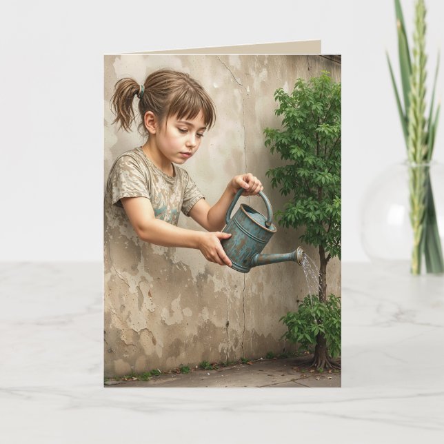 Carte Graffiti Art d'une jeune fille arroser un arbre ur (Devant)