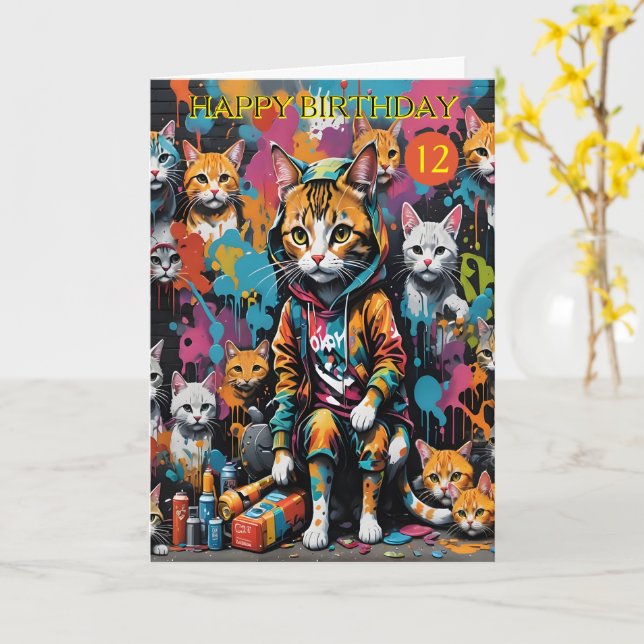 Carte Graffiti Artiste Légende Chat 12 ans Anniversaire (Fleur jaune)