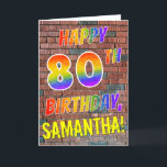 Carte Graffiti Inspecred Rainbow Look HAPPY 80TH BIRTHDA<br><div class="desc">The Front of this vibrant, exciting and fun birthday-themed greeting card design objets the message "HAPPY 80TH BIRTHDAY" with letters having a multicolored rainbow like gradient pattern, and a customizable name colored yellow, on a brick wall background. Les Style sont inspirés par les that of graffiti or street art drawn...</div>