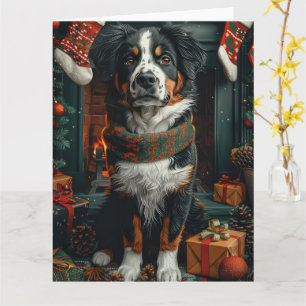 Carte Grand Chien suisse avec des cadeaux de Noël chemin