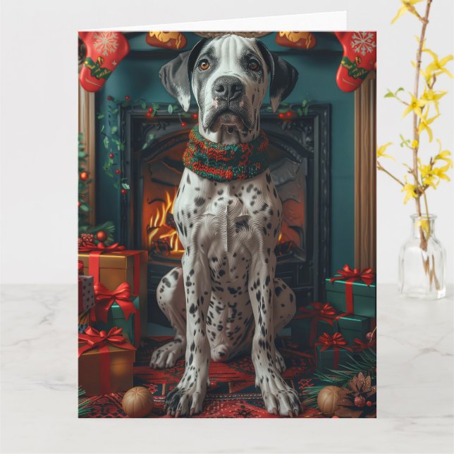 Carte Grand Danois avec des cadeaux de Noël Cheminée (Fleur jaune)