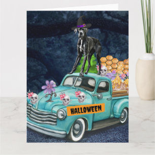 Carte Grand Danois Chien Halloween Camion Nuit Effrayant