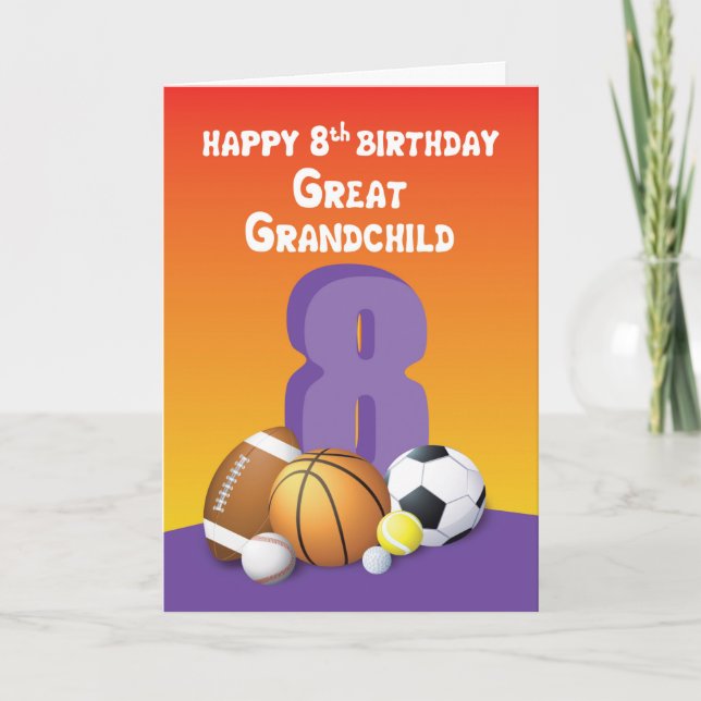 Carte Grand-Enfant, Fille 8e Anniversaire Sports Balls (Devant)
