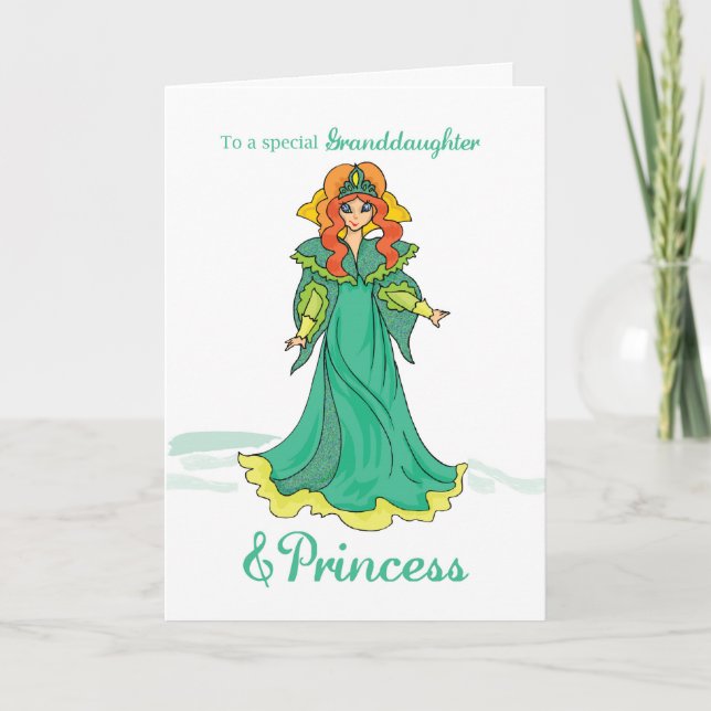 Carte Grand-fille Princesse Anniversaire, Vert (Devant)