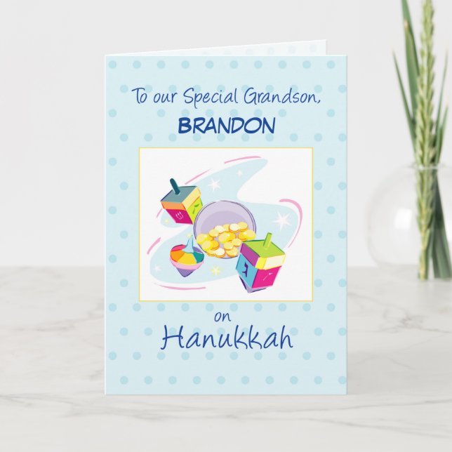 Carte Grand-fils Hanoukka Nom personnalisable Bleu (Devant)