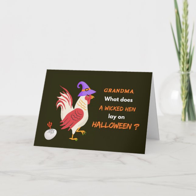 Carte Grand-mère Halloween avec la poule perdue et l'oeu (Devant)