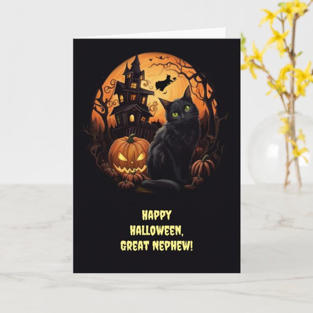 Carte Grand Nephew Happy Halloween avec mignonne Haunted (Fleur jaune)