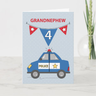 Carte Grand neveu 4e anniversaire voiture de police bleu