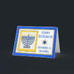Carte Grand-parents Hanoukka Menorah contemporaine<br><div class="desc">Heureux Hanoukka grand-mère et grand-père,  menorah contemporain avec bougies bleues,  carte de voeux en papier. Illustration numérique avec une menorah éclairée et une étoile de David. Modifiez le texte de la couverture comme vous le souhaitez. Customisez le verset intérieur comme vous le souhaitez. Copyright © Shoaff Ballanger Studios,  2024.</div>