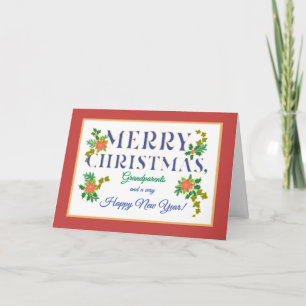 Carte Grand-parents Poinsettias, Holly, Ivy Christmas Ca