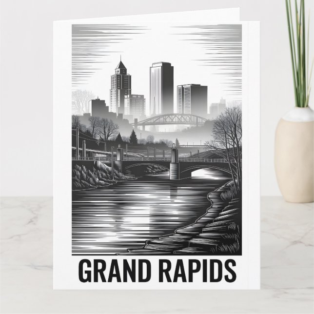 Carte Grand Rapids Michigan Skyline Noir Blanc Gravure s (Devant)