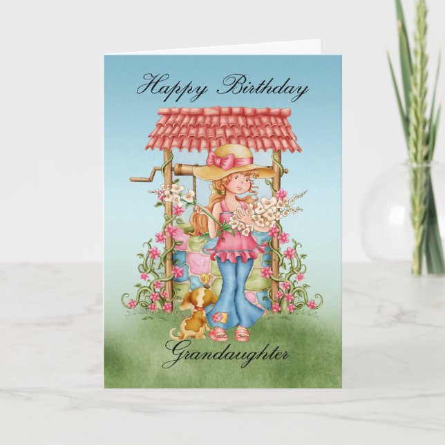Carte Granddaughter Cute Girl and Wishing Well Birthday (Devant)