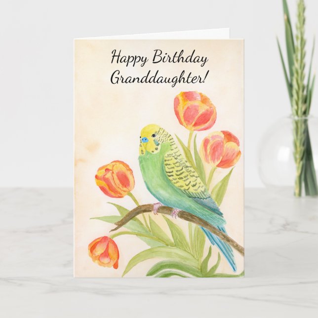 Carte Granddaughter Happy Birthday Parakeet with Tulips (Devant)
