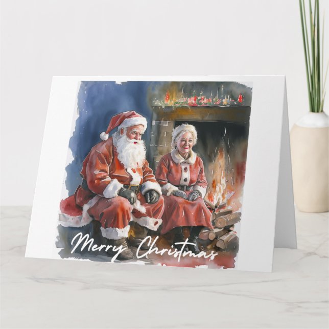 Carte Grande aquarelle traditionnelle Père Noël & Mme Cl (Devant)