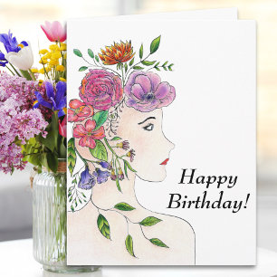 Carte Grande Bonne Femme D'Anniversaire Avec Fleurs Illu