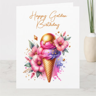 Carte Grande Crème de glace rose et or Anniversaire doré