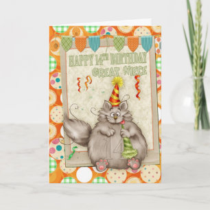 Carte Grande Nièce 14e anniversaire avec fun fun chat