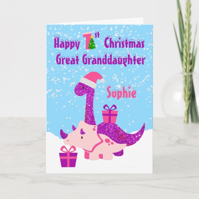 Carte Grande Petite-fille 1er Noël Dinosaure pourpre (Devant)